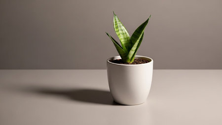 A small, vibrant green snake plant in a clean white ceramic pot sits on a neutral grey surface, casting a soft shadow.の素材