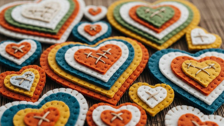 Colorful layered felt hearts with stitched details are arranged on a textured wooden surfaceの素材