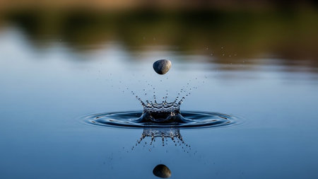 A small stone creates a crown splash as it hits the surface of calm blue water, with its reflection mirrored below.の素材