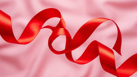 A vibrant red ribbon gracefully curves and folds across a soft pink satin fabric background.の素材