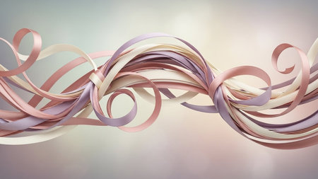 Flowing ribbons in pastel pink, purple, and cream create an abstract swirling pattern.の素材