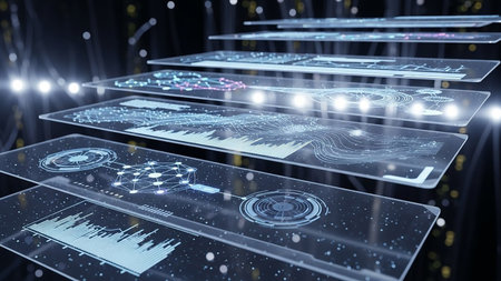 Floating showing futuristic holographic data showing graphs and network connections on floating transparent screens. resolutionの素材