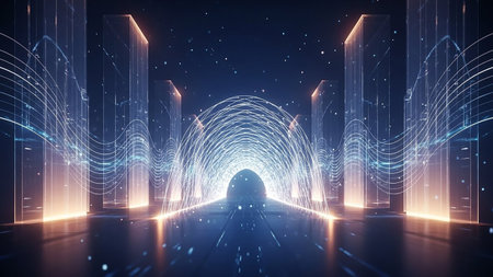 Tunnel showing futuristic digital tunnel with glowing lines and abstract geometric structures in a dark sci-fi environment. resolutionの素材