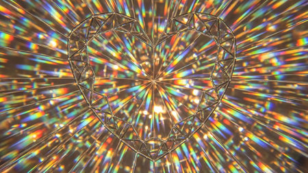 A geometric heart outline refracts light into a rainbow spectrum with bokeh. Clear details and vibrant colors ...の素材