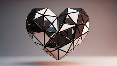 Facets showing geometric heart sculpture with metallic rose gold and silver facets. High resolution image...の素材