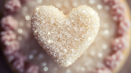 A heart-shaped cookie covered in sparkling sugar crystals with soft bokeh lights in the backgroundの素材