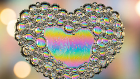 Best showing heart shape made of soap bubbles with iridescent colors. High resolution image suitable for...の素材