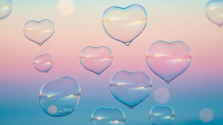 Heart-shaped soap bubbles float against a soft pastel gradient sky, reflecting light and colorの素材