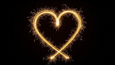 A heart shape made of golden sparkler fireworks glows brightly against a black background.の素材