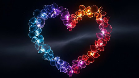 A heart shape is formed by colorful translucent gemstones against a swirling nebula background in space.の素材