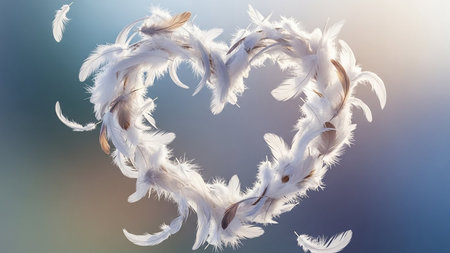 A heart shape made of white feathers floats against a soft blue background with falling feathers.の素材