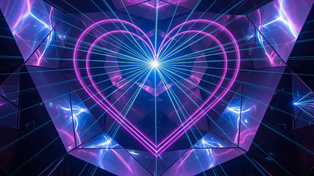 A vibrant neon heart shape is formed by laser lights within a geometric kaleidoscope pattern.の素材