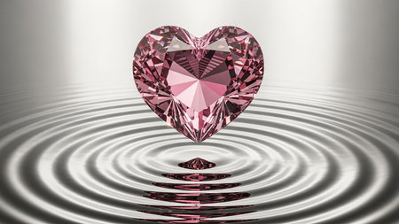 A pink heart-shaped diamond floats above a rippling water surface, reflecting its form.の素材