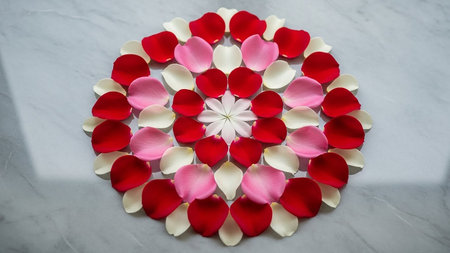 A mandala pattern is created from red, pink, and white rose petals on a marble surface.の素材