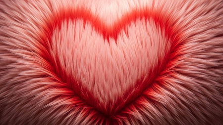 A heart shape with a red center is formed within a soft pink furry texture. Clear details and vibrant colors e...の素材