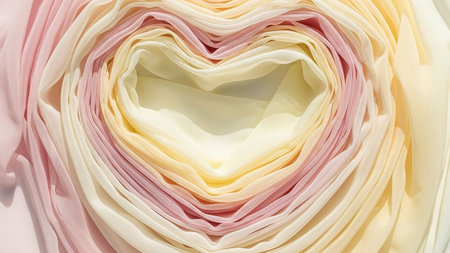 Layers of soft pastel fabric in pink, yellow, and cream are draped to form a heart shape.の素材