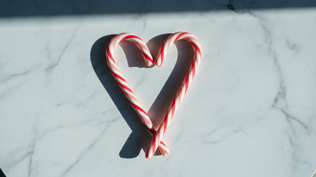 Two red and white striped candy canes are arranged in a heart shape on a marble surfaceの素材