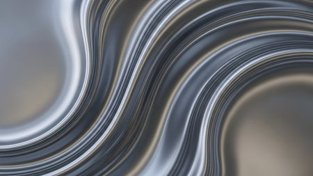 Smooth, reflective metallic waves of silver and gray swirl and undulate, catching subtle golden light in their curves and lines.の素材