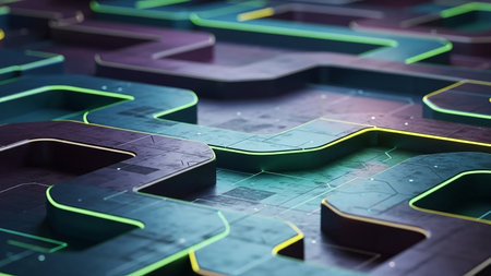 A close-up view of a dark, textured abstract labyrinth with glowing neon green and purple edges, suggesting a complex pathway.の素材