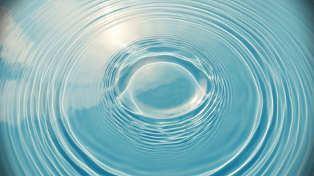 Reflected showing close-up of rippling blue water surface with concentric circles and reflected sky. resolution use.の素材