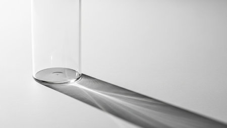 (228) showing clear glass cylinder casting a long, intricate shadow with light patterns on a clean white background in a minimalist composition....の素材