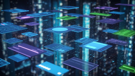 Floating showing floating digital interface screens with blue, purple, and green glowing rectangles and squares. resolutionの素材