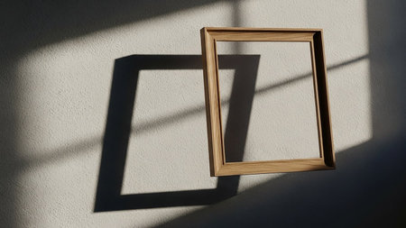 An empty wooden frame is positioned against a textured wall, casting a sharp geometric shadow illuminated by diagonal streaks of sunlight.の素材