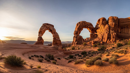 Arch showing arches national park delicate arch and landscape arch at sunset with warm golden light illuminating sandstone. resolutionの素材