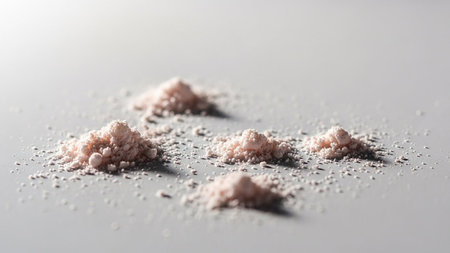 Four small piles of light pink granular powder are scattered across a light gray surface, showing fine texture and subtle water droplets.の素材