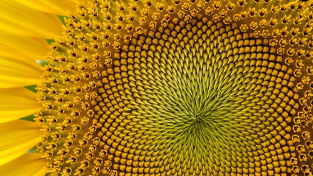 Showing close-up macro view of a vibrant yellow sunflower head showing intricate spiral patterns of seeds and textured petals with a soft...の素材