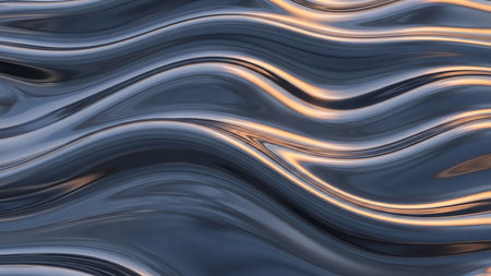 Abstract flowing waves of dark gray and silver metallic create a fluid surface with warm golden light reflections.の素材