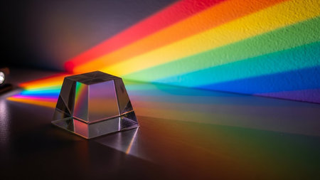 Refracts showing a glass prism refracts white light into a vibrant rainbow spectrum of red orange yellow green blue indigo and violet colors on a...の素材