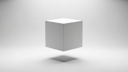 A clean white cube floats centrally in a softly lit studio environment, casting a distinct shadow on the bright, minimalist surface below.の素材