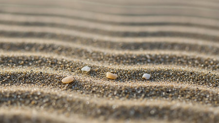 Close-up of rippled sand on a beach, showing the granular texture with small, smooth pebbles scattered across the wavy surface.の素材