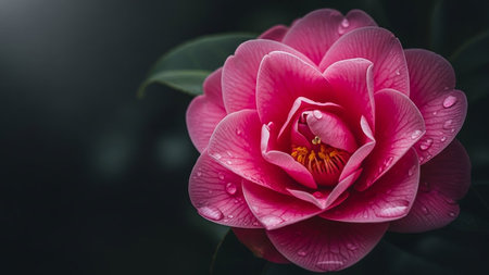 A detailed macro view of a bright pink camellia flower, its petals adorned with numerous water droplets, set against a dark, out-of-focus background.の素材