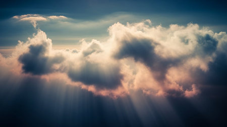 Zdfzdf showing dramatic sunbeams breaking through dark, wispy clouds with pink and orange hues in a sky scene. resolutionの素材