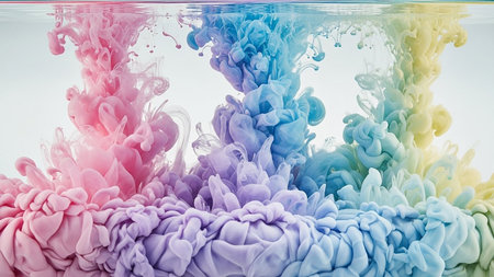 Pastel colored inks in pink, purple, blue, and yellow swirl and dissolve in clear water, creating ethereal, cloud-like abstract formations with...の素材