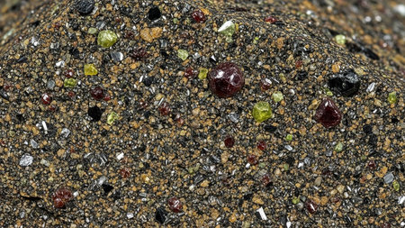 Macro view of red garnet and green peridot crystals embedded in a dark, granular mineral matrix.の素材