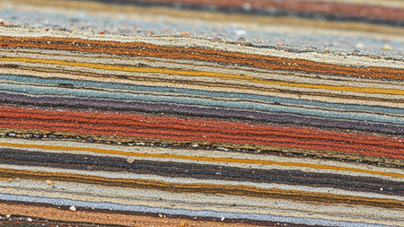 Close-up view of colorful stratified rock layers showing distinct sediment patterns.の素材