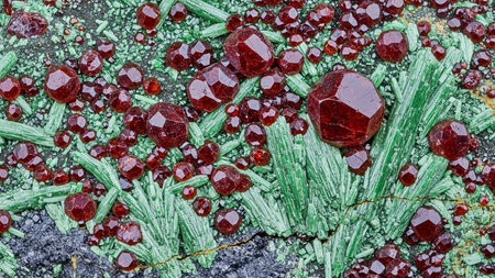 Macro view of deep red garnet crystals on a bright green mineral matrix with a dark backgroundの素材
