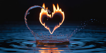Orange showing a heart shape of bright orange fire is surrounded by a dynamic water splash and droplets on a dark blue rippling water surface.の素材