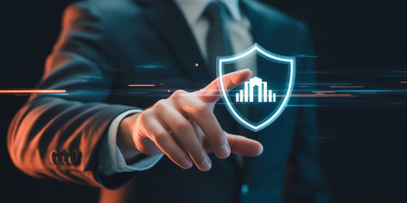 A man in a dark suit touches a glowing blue shield containing a stylized building on a dark digital interface with light streaks.の素材