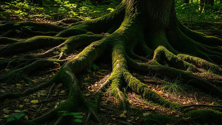 Enormous tree roots covered in lush green moss spread across the forest floor, illuminated by sunlight.の素材