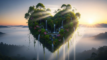 Heart-shaped island with waterfalls and trees floating in misty sunrise light Clear details and vibrant colors...の素材