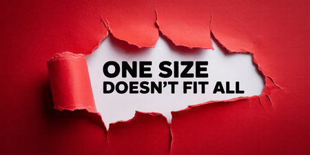 The a piece of bright red paper torn to expose a white surface with the impactful black text "ONE SIZE DOESN'T FIT ALL".の素材