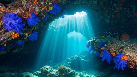 Sunbeams stream into an underwater cave, illuminating colorful coral reefs and marine life.の素材