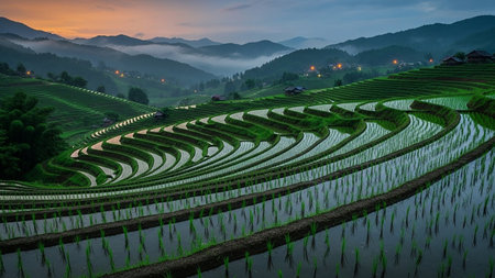 Lush green terraced rice paddies reflect the twilight sky, with distant village lights visible.の素材