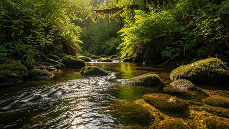 A sunlit forest stream flows gently over moss-covered rocks, surrounded by lush green foliage.の素材