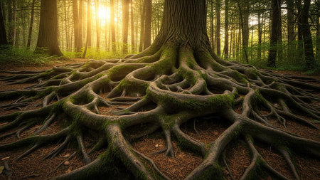Massive tree roots spread across a sunlit forest floor, showcasing nature's strength and interconnectedness.の素材