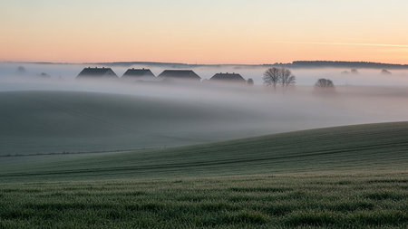 Rolling green hills shrouded in mist with distant houses at sunrise Clear details and vibrant colors enhance v...の素材
